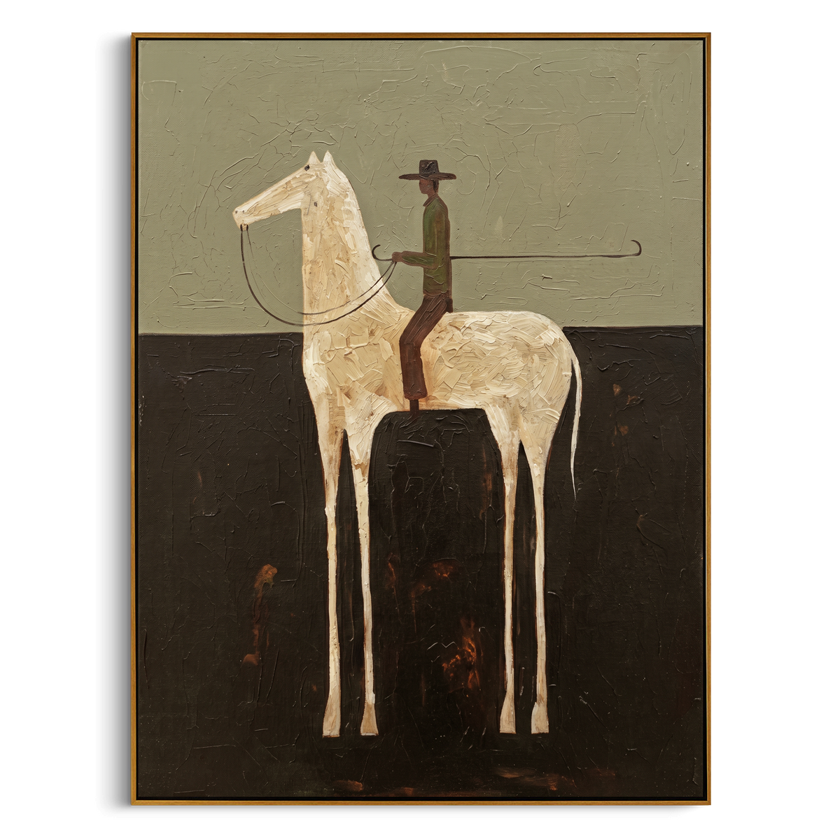 "Cowboy on the White Steed" – Stylized Minimalist Impasto Artwork | Earthy Tones Textured Wall Decor | Contemporary Vertical Statement Piece #AB 500