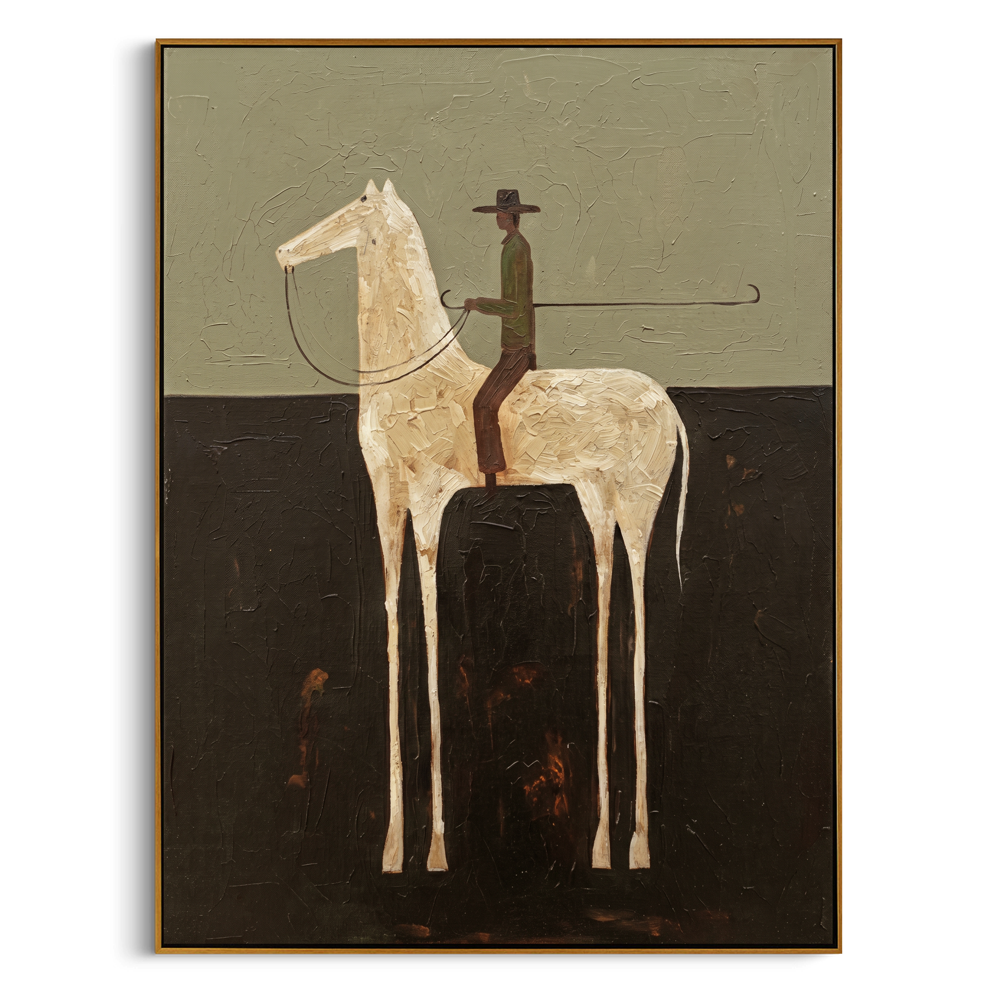 "Cowboy on the White Steed" – Stylized Minimalist Impasto Artwork | Earthy Tones Textured Wall Decor | Contemporary Vertical Statement Piece #AB 500