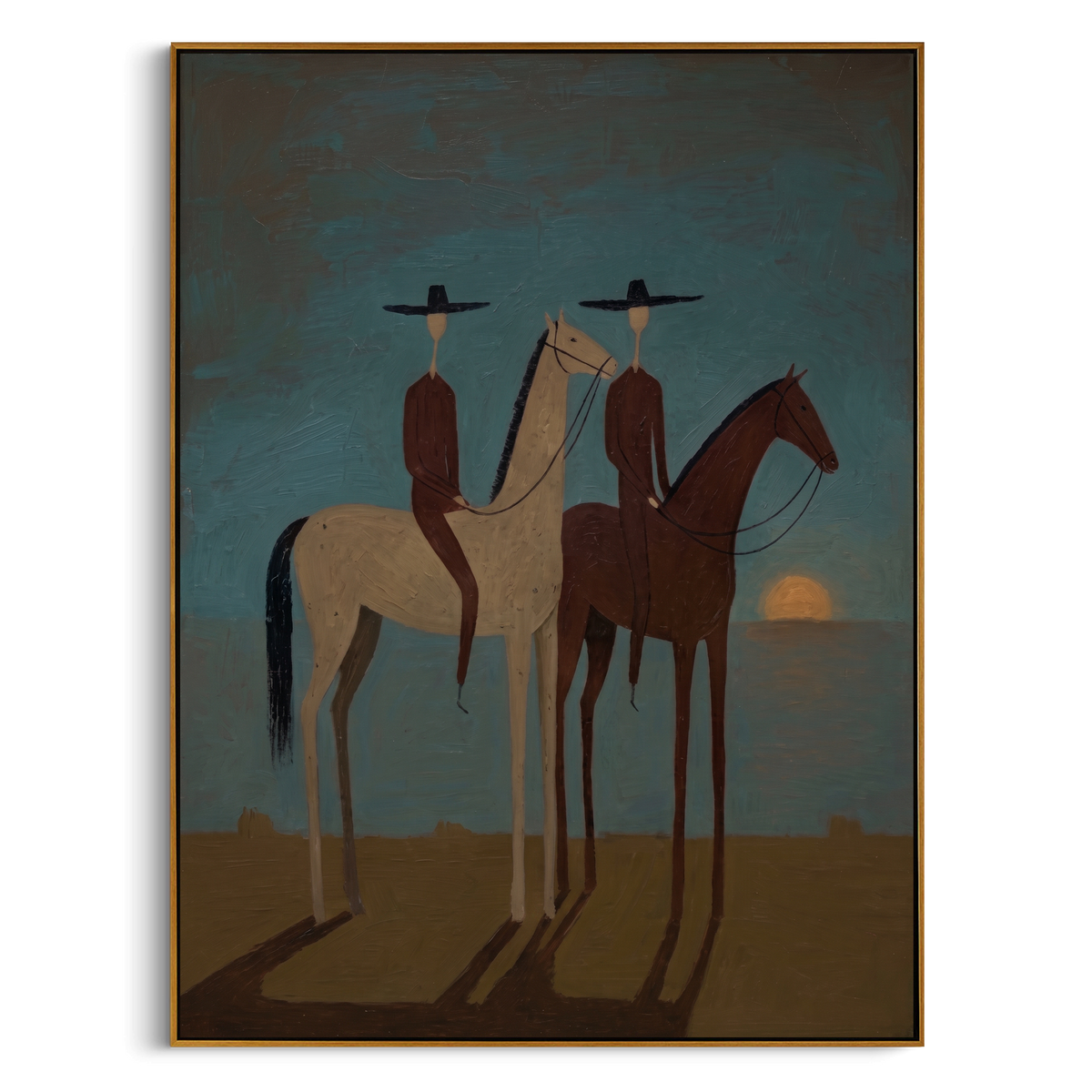 "Dusk Companions" – Modern Minimalist Impasto Western Art | 3D Teal & Sepia Palette Knife Painting | Luxury Vertical Wall Art #AB 503
