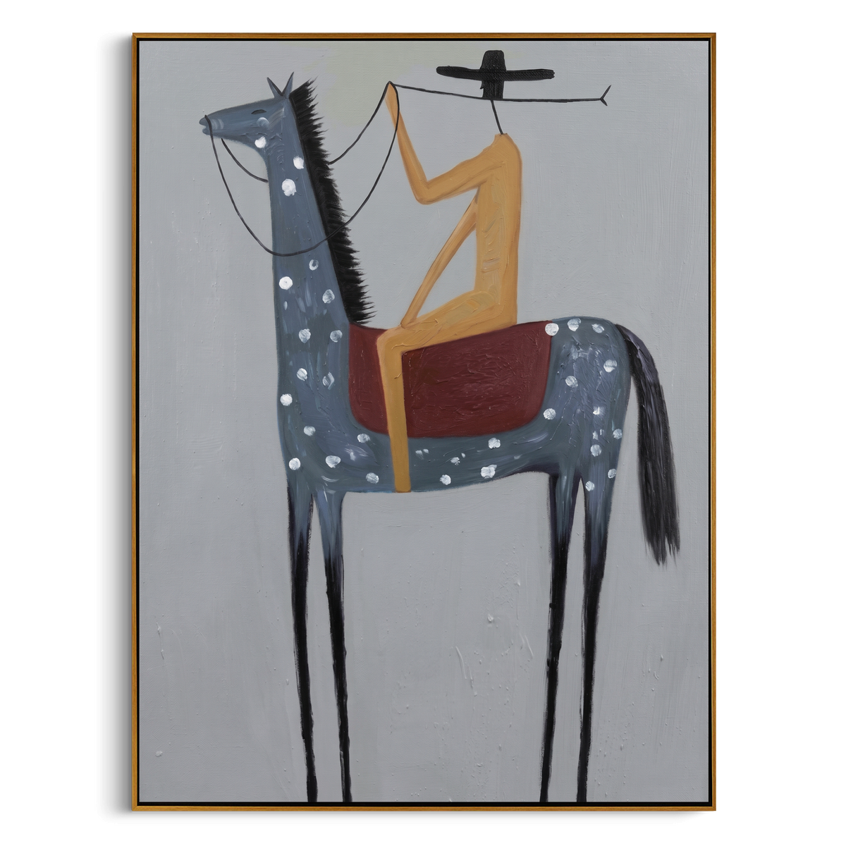 "Solitary Western Rider" – Modern Heavy Impasto Minimalist Figurative | 3D Slate Blue & Sand Ochre Palette Knife Painting | Luxury Vertical Wall Art #AB 504