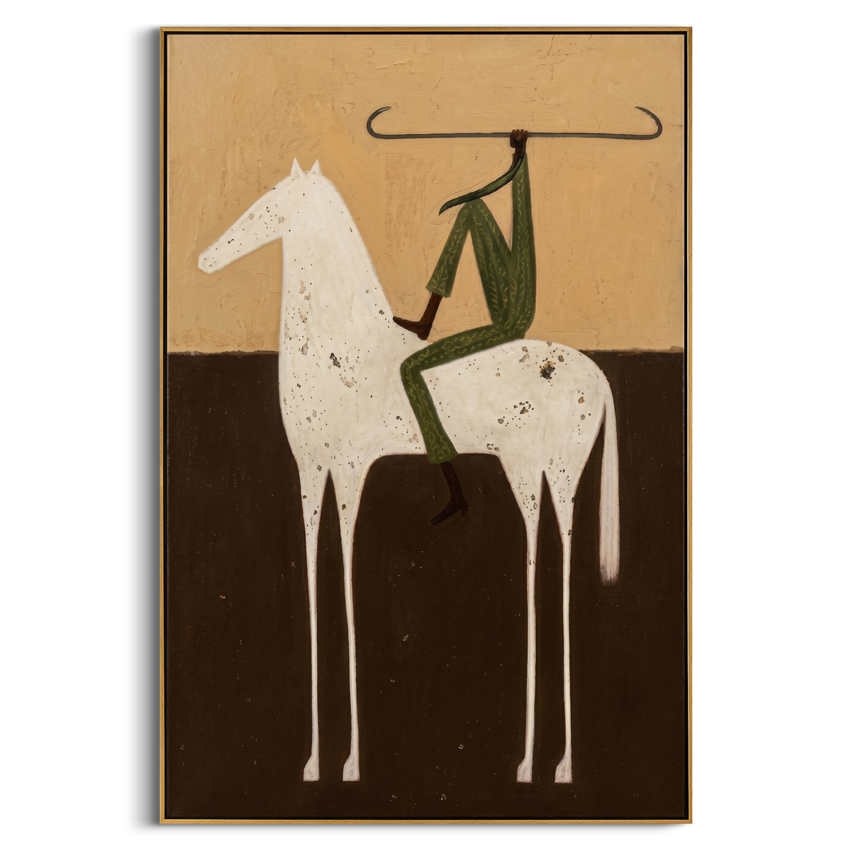 "Minimalist Speckled Steed Rider" – Modern Heavy Impasto Figurative Art | 3D Ochre & Forest Green Palette Knife Painting | Luxury Vertical Wall Art #AB 505
