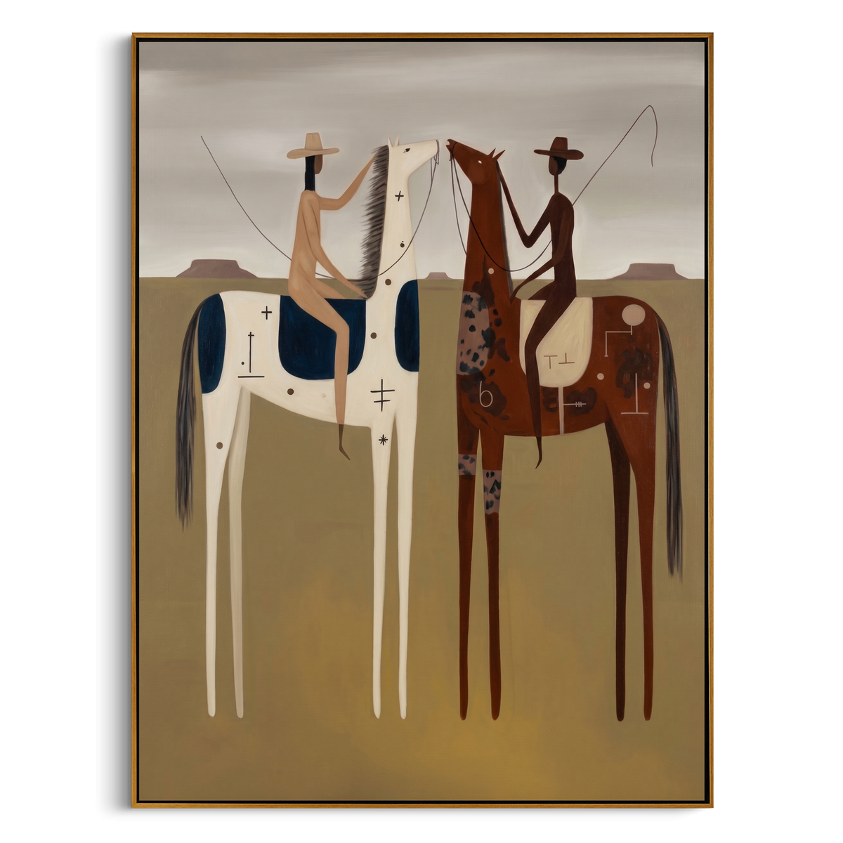"Dual Frontier Riders" – Modern Heavy Impasto Western Figurative | 3D Clay Ochre & Navy Umber Palette Knife Painting | Luxury Vertical Wall Art #AB 506