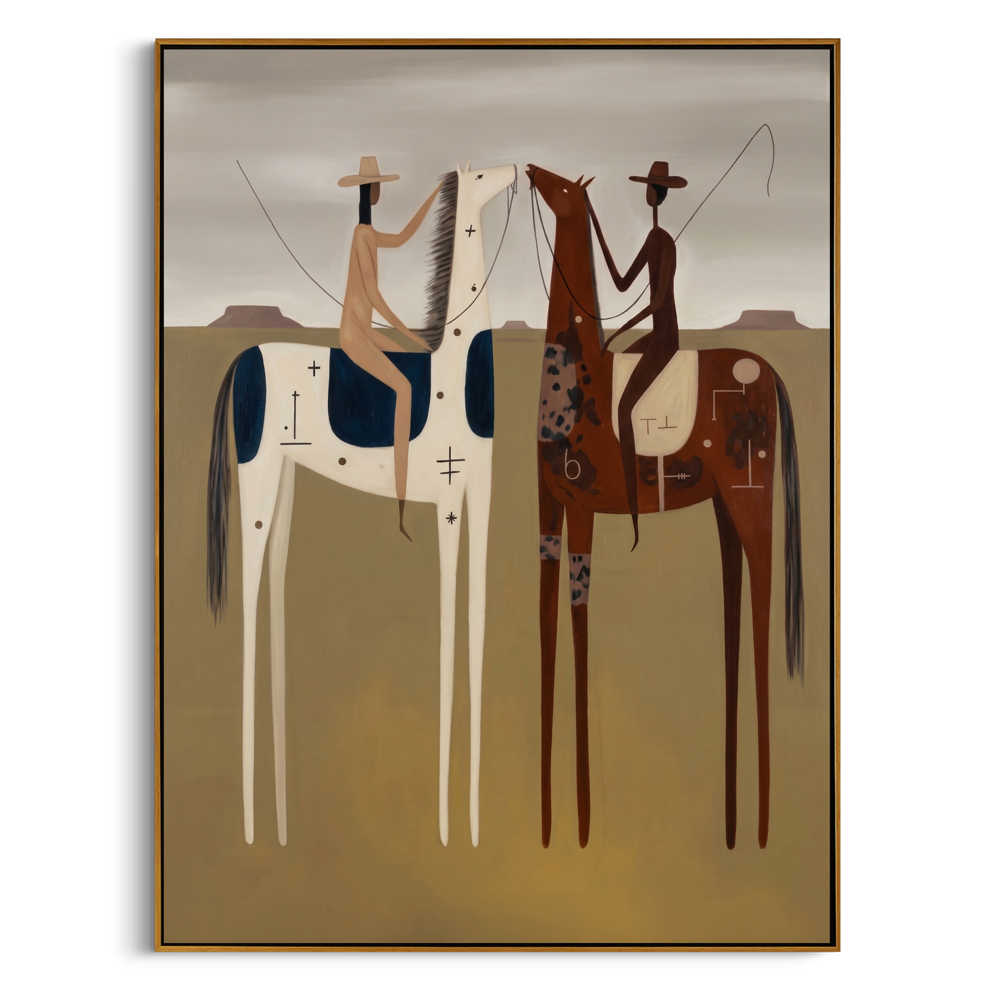 "Dual Frontier Riders" – Modern Heavy Impasto Western Figurative | 3D Clay Ochre & Navy Umber Palette Knife Painting | Luxury Vertical Wall Art #AB 506