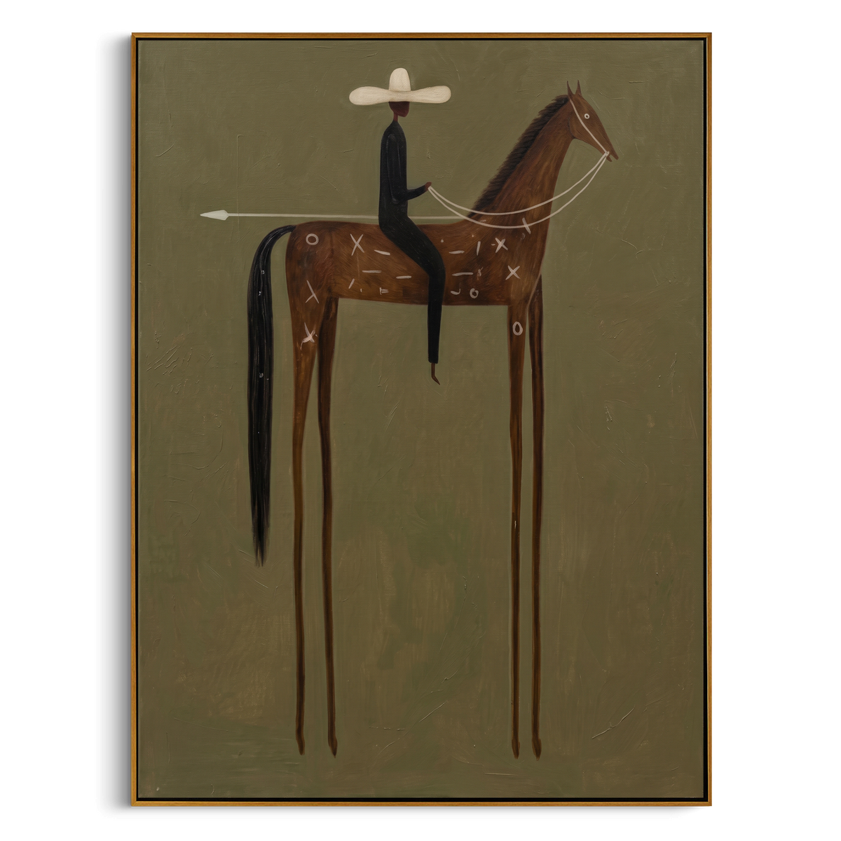 "Tall-Legged Tribal Cowboy" – Modern Heavy Impasto Western Figurative | 3D Moss Olive & Cinnamon Natural Palette Knife Painting | Luxury Vertical Wall Art #AB 510