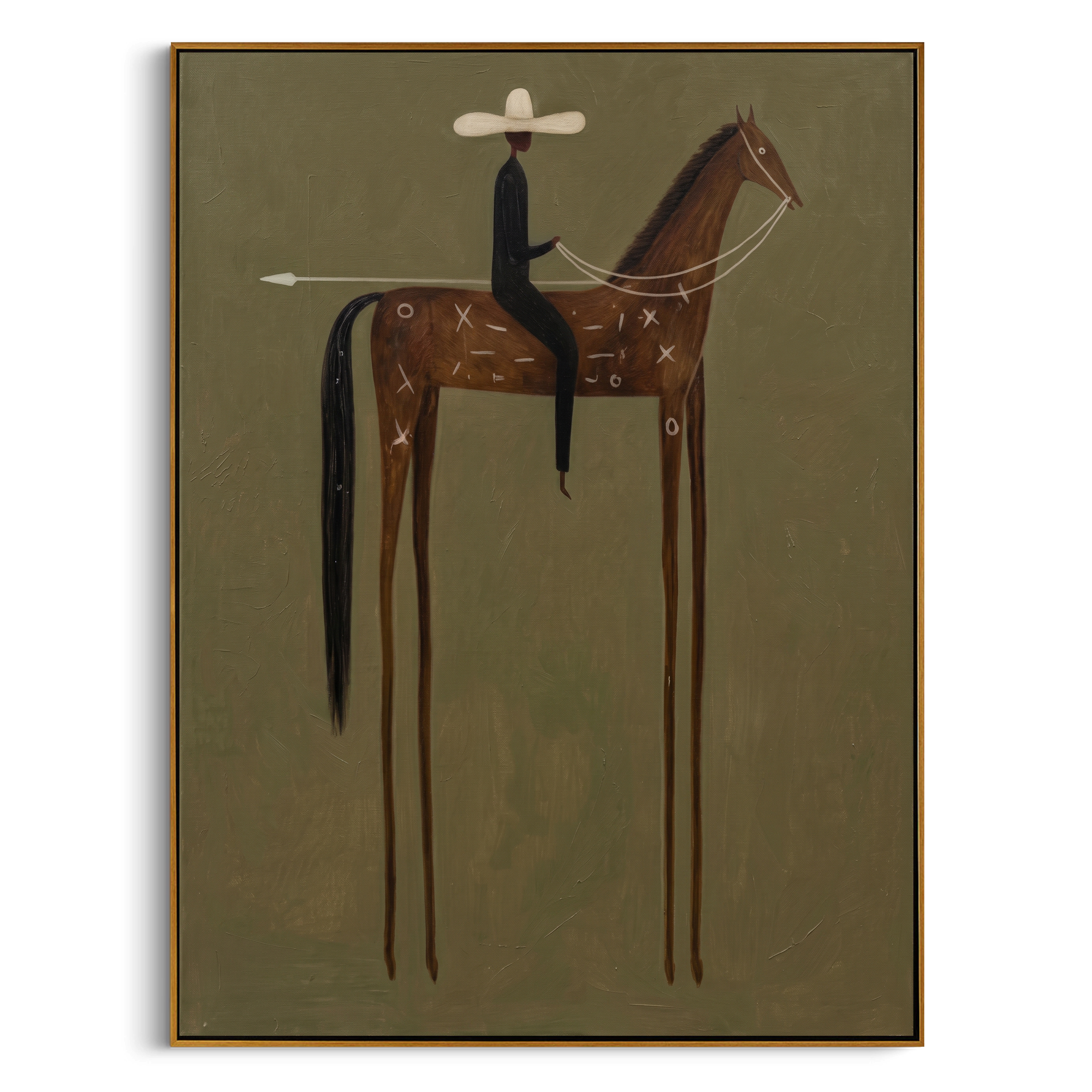 "Tall-Legged Tribal Cowboy" – Modern Heavy Impasto Western Figurative | 3D Moss Olive & Cinnamon Brown Palette Knife Painting | Luxury Vertical Wall Art #AB 510