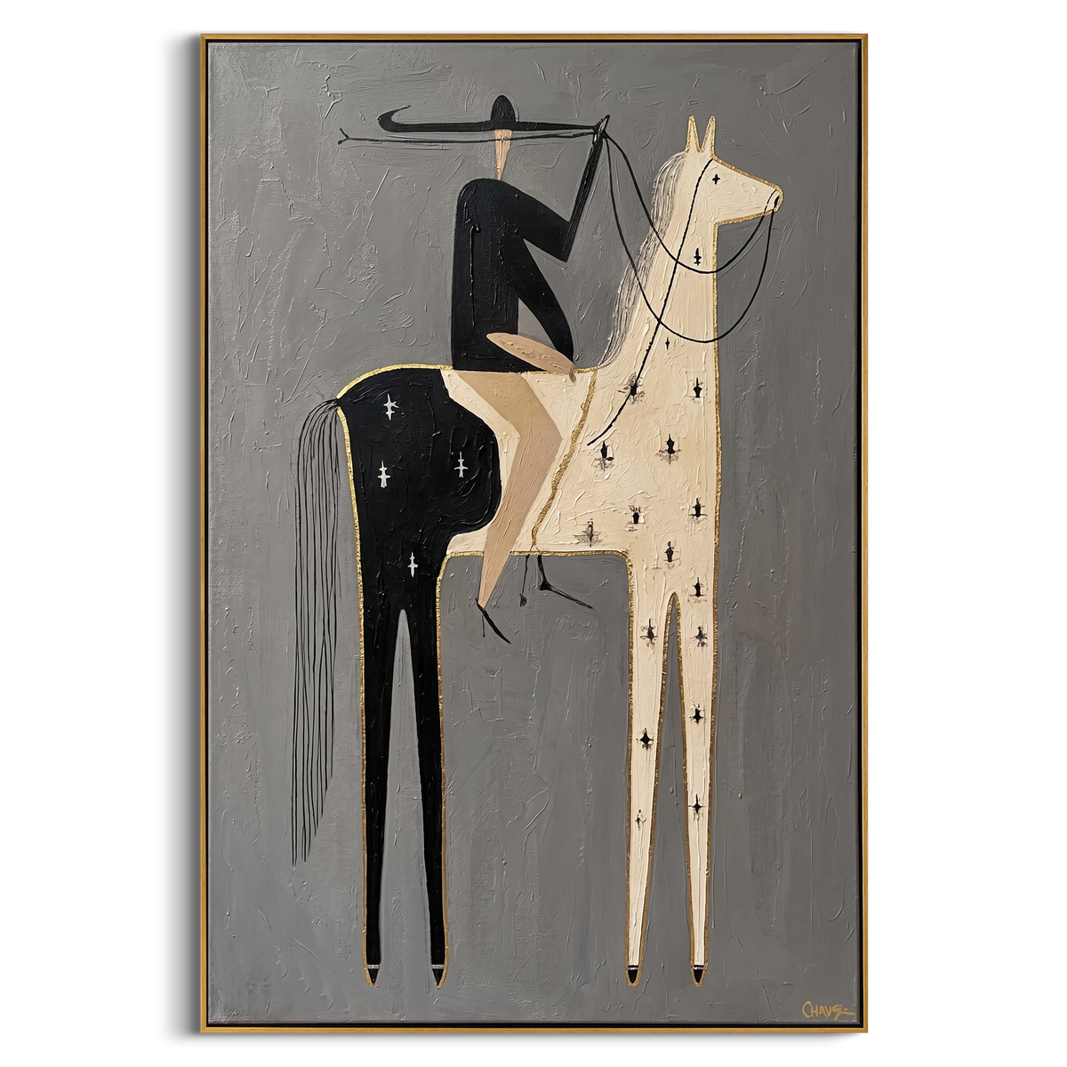 "Gilded Split-Hide Cowboy" – Modern Heavy Impasto Minimal Western Figurative | 3D Ash Gray & Ivory Black with Gold Trim Palette Knife Painting | Luxury Vertical Wall Art #AB 511