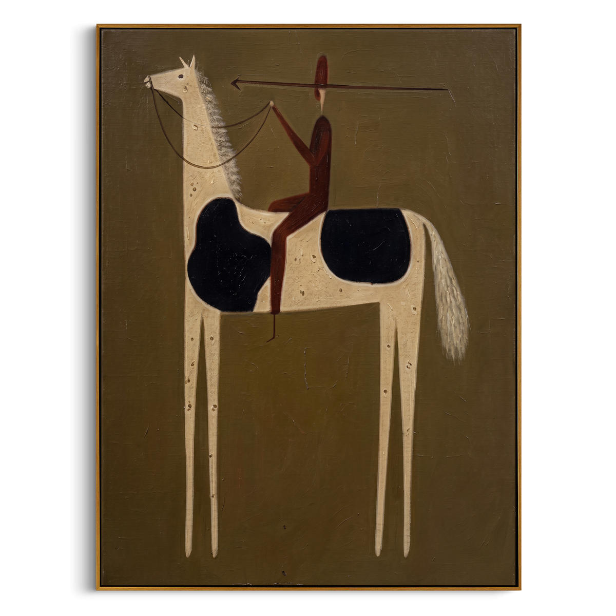 "Spear Bearing Primitive Rider" – Modern Heavy Impasto Tribal Western Figurative | 3D Vintage Umber & Cream Natural Palette Knife Painting | Luxury Vertical Wall Art #AB 513