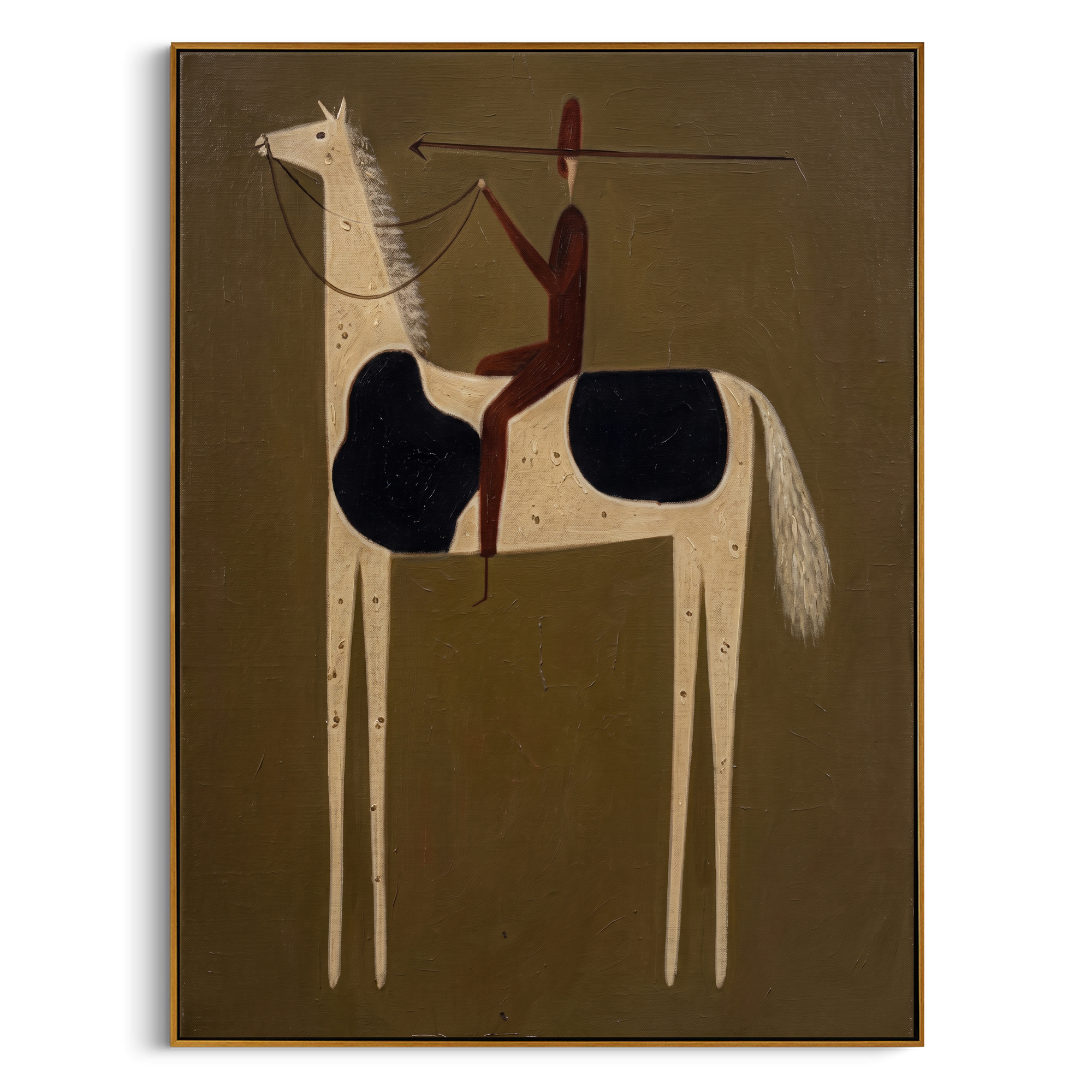 "Spear Bearing Primitive Rider" – Modern Heavy Impasto Tribal Western Figurative | 3D Vintage Umber & Cream Black Palette Knife Painting | Luxury Vertical Wall Art #AB 513