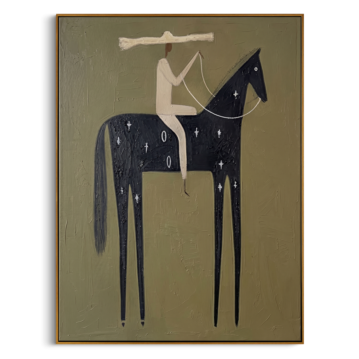 "Starry Marked Desert Horseman" – Modern Heavy Impasto Primitive Western Figurative | 3D Muted Olive & Sage Green Ebony Palette Knife Painting | Luxury Vertical Wall Art #AB 516