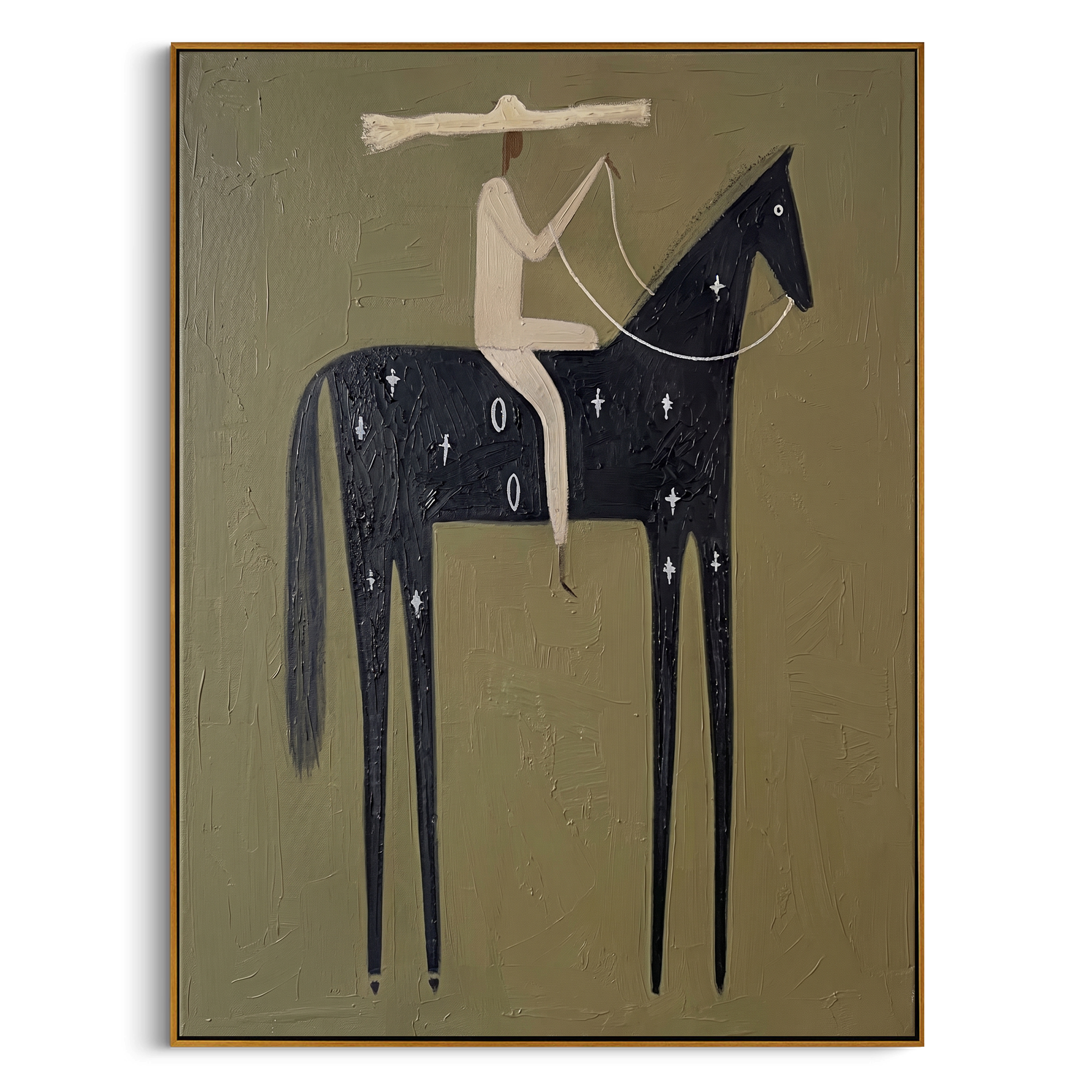 "Starry Marked Desert Horseman" – Modern Heavy Impasto Primitive Western Figurative | 3D Muted Olive & Cream Ebony Palette Knife Painting | Luxury Vertical Wall Art #AB 516