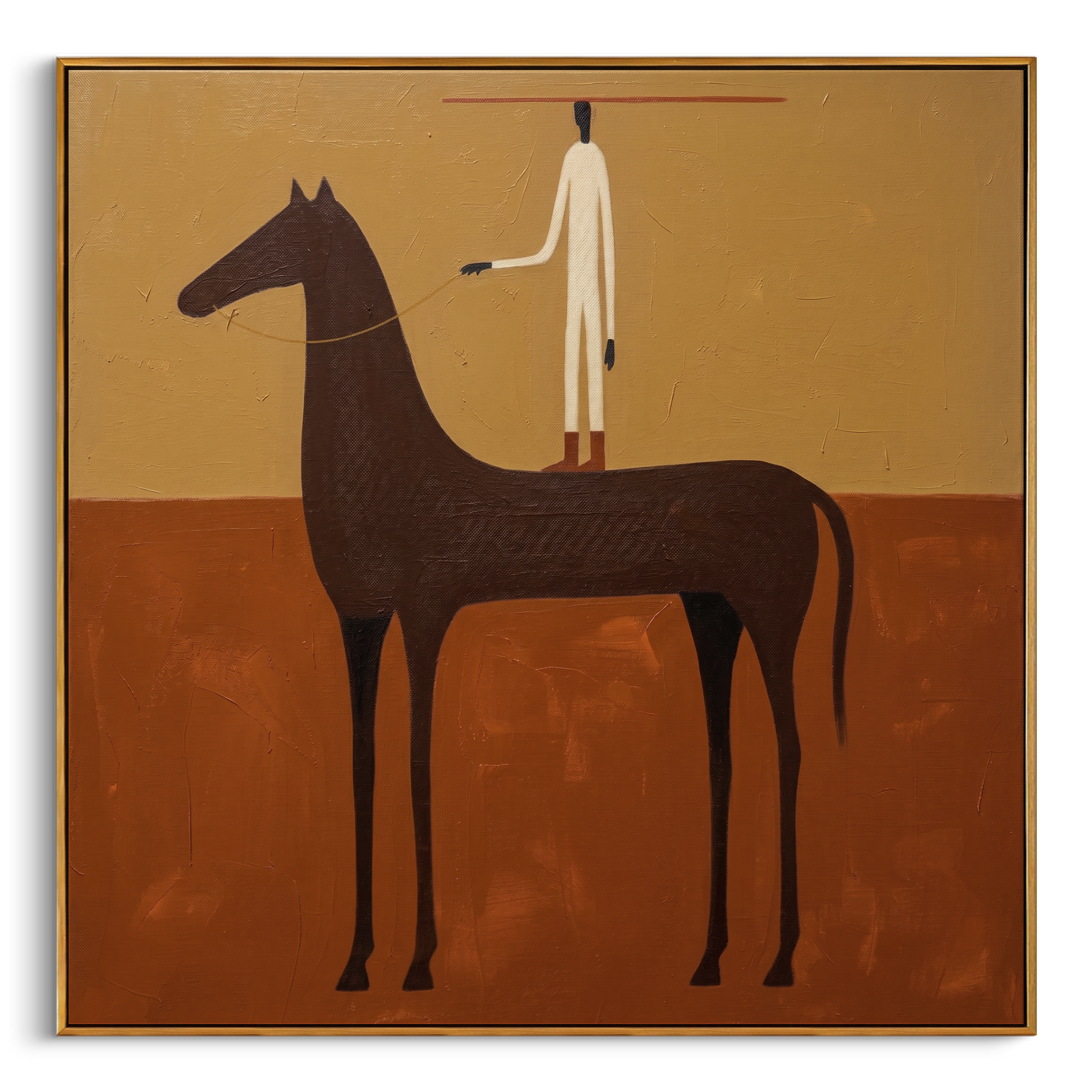 "Minimalist Equine Handler" – Modern Heavy Impasto Abstract Western Figurative | 3D Ochre & Umber Brown Palette Knife Painting | Luxury Square Wall Art #AB 517