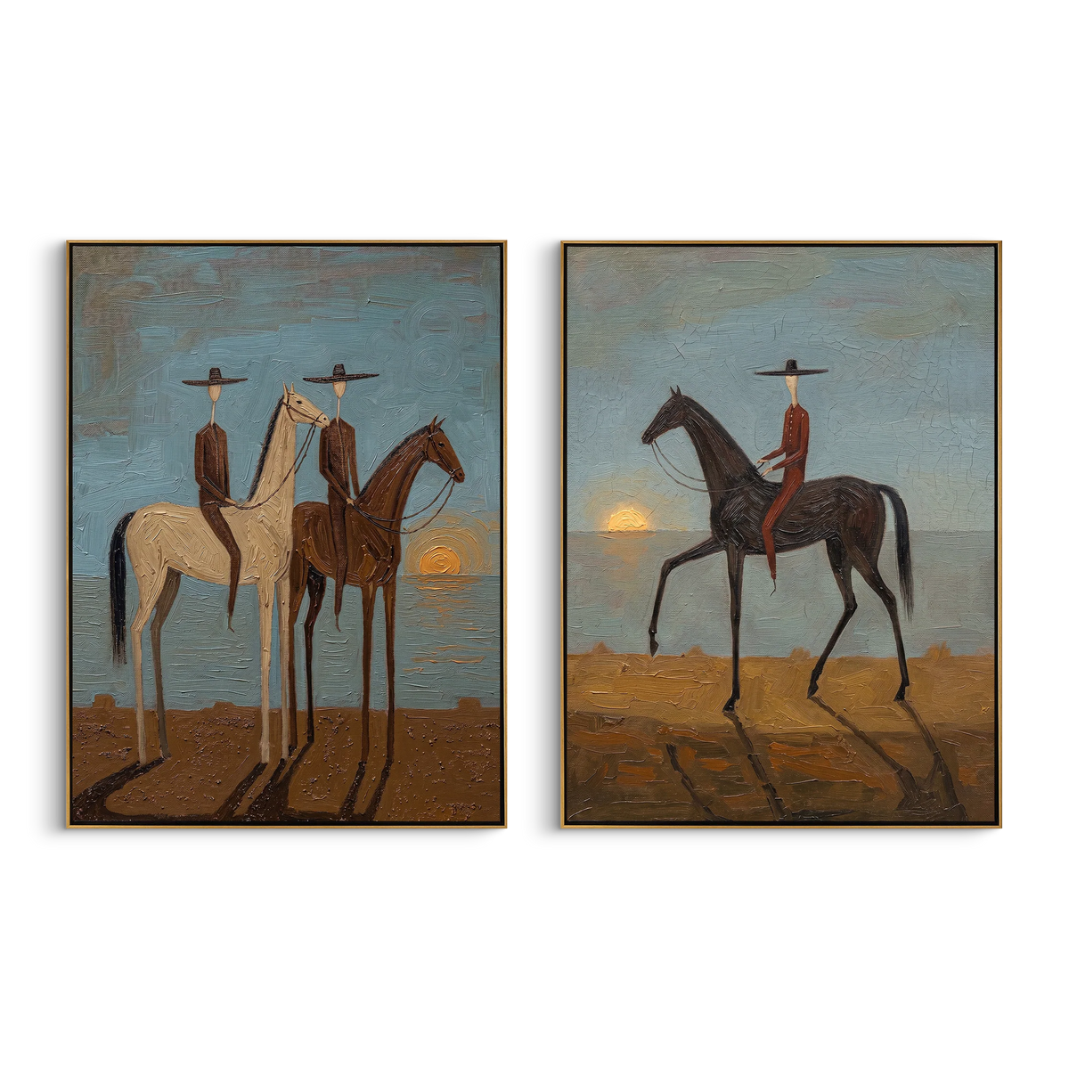 "Coastal Sunset Cowboy Duet Diptych" – Modern Heavy Impasto Surreal Western Figurative | 3D Dusk Blue & Earth Umber Palette Knife Painting | Luxury Two-Panel Vertical Wall Art Set #AB 522