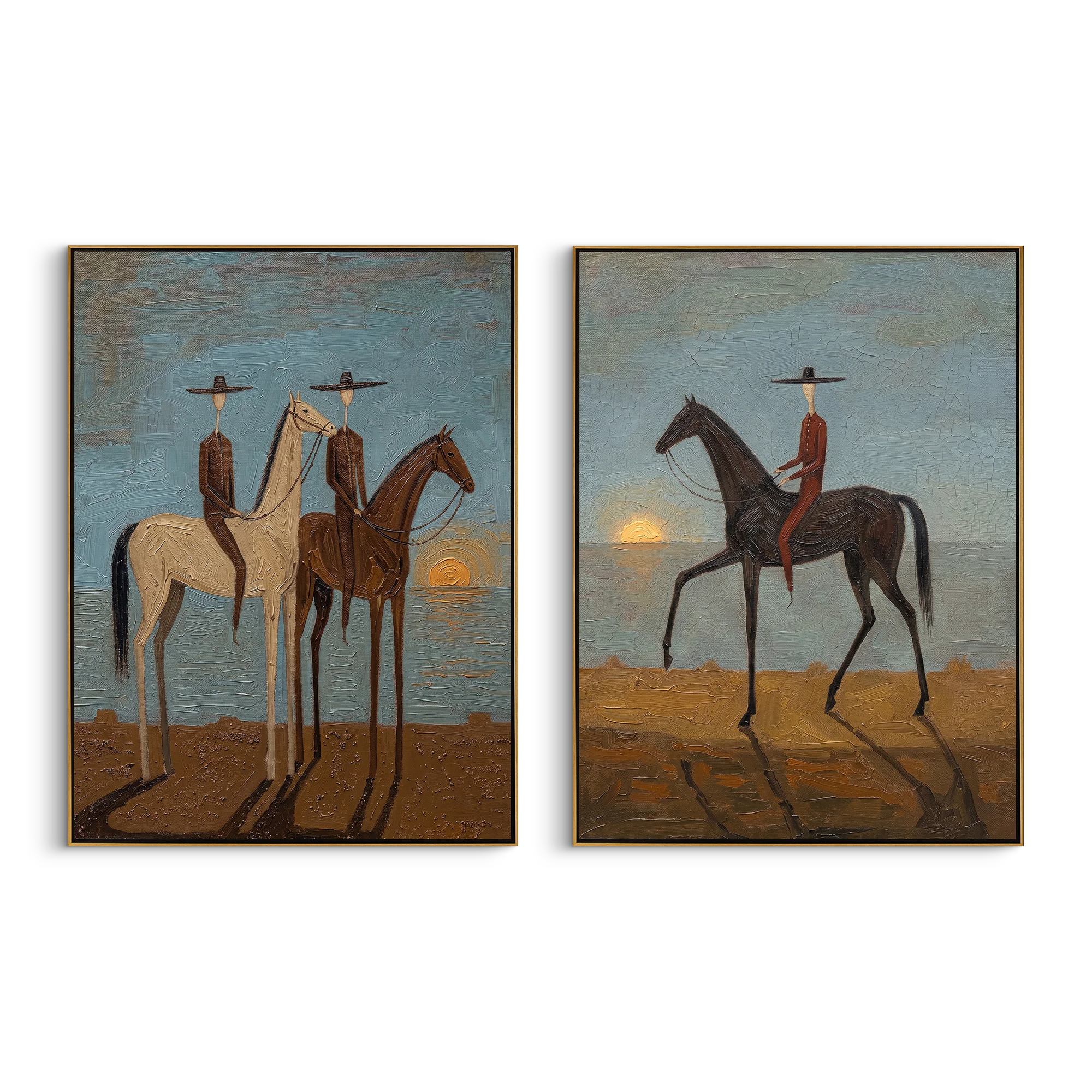 "Coastal Sunset Cowboy Duet Diptych" – Modern Heavy Impasto Surreal Western Figurative | 3D Dusk Blue & Earth Umber Palette Knife Painting | Luxury Two-Panel Vertical Wall Art Set #AB 522