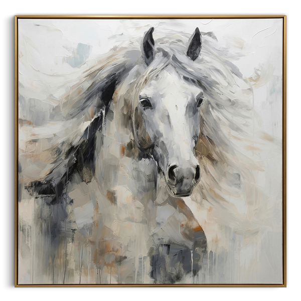 "The Silent Gallop" – Modern Expressive White Horse Impasto | Sophisticated Gray Tone 3D Texture Gallery Art #AN145