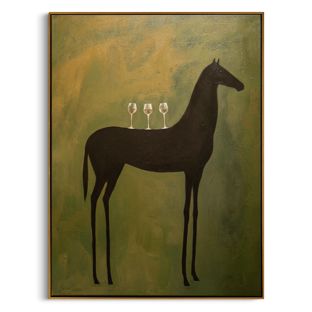 "The Horse’s Toast" – Modern Heavy Impasto Abstract Figurative Art | 3D Olive & Noir Palette Knife Painting | Luxury Vertical Wall Art #AN 150