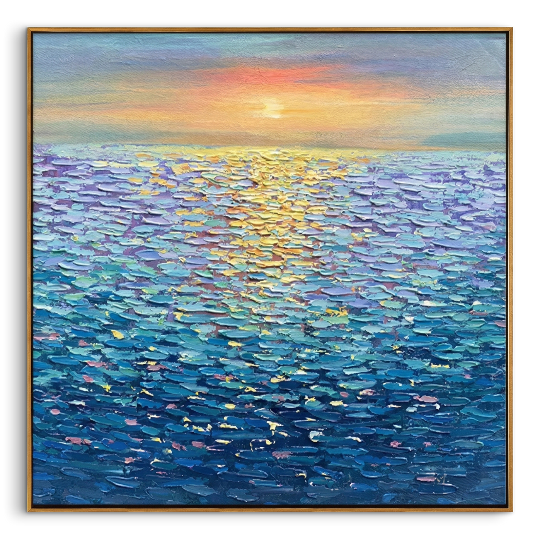 "Golden Ripples" – Impressionist Sunset Seascape Impasto Painting | Modern Healing Style Blue Ocean Wall Art#BE037