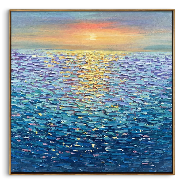 "Golden Ripples" – Impressionist Sunset Seascape Impasto Painting | Modern Healing Style Blue Ocean Wall Art#BE037
