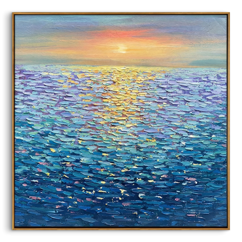 "Golden Ripples" – Impressionist Sunset Seascape Impasto Painting | Modern Healing Style Blue Ocean Wall Art#BE037