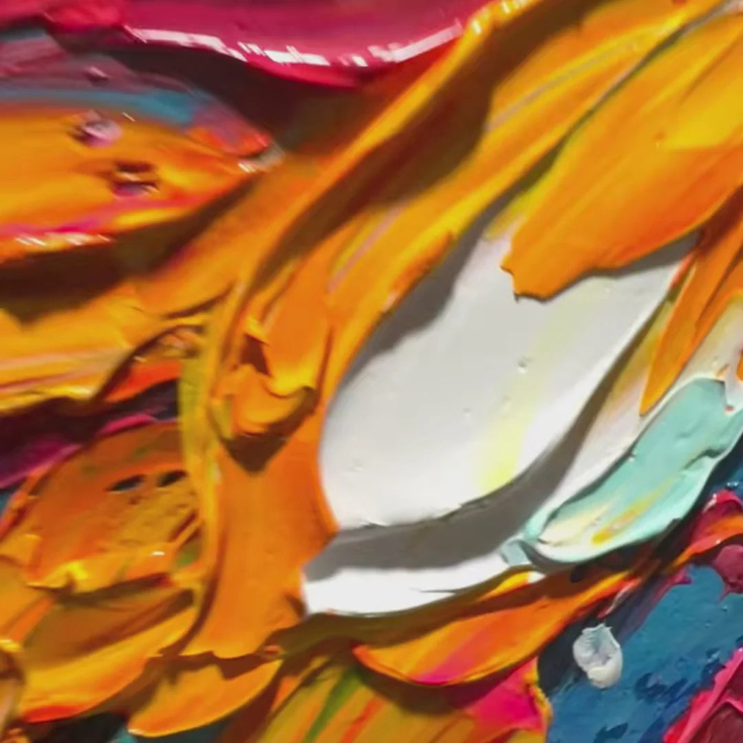 "Ignited Bloom" – Radiant Heavy Impasto Abstract Floral Oil Painting | Bold Dynamic 3D Texture Wall Art #FL302