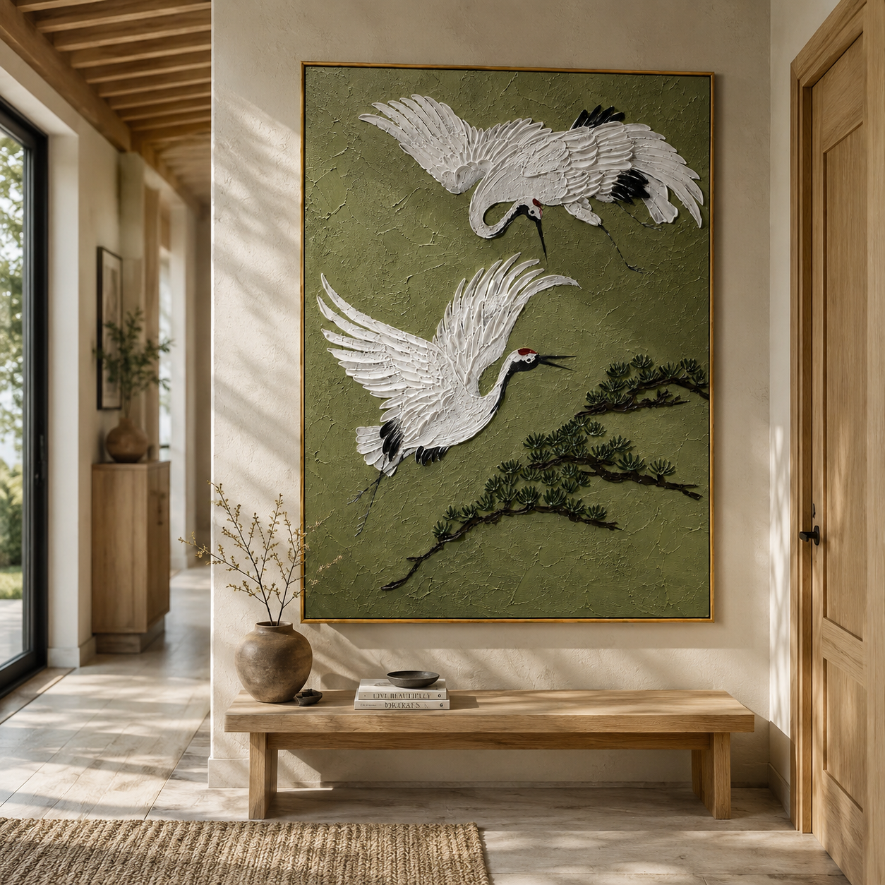 "Dual Flying Red-Crowned Cranes with Pine" – Modern Heavy Impasto Oriental Figurative Relief | 3D Muted Moss Green & Ivory White Palette Knife Painting | Luxury Vertical Wall Art #AN 151