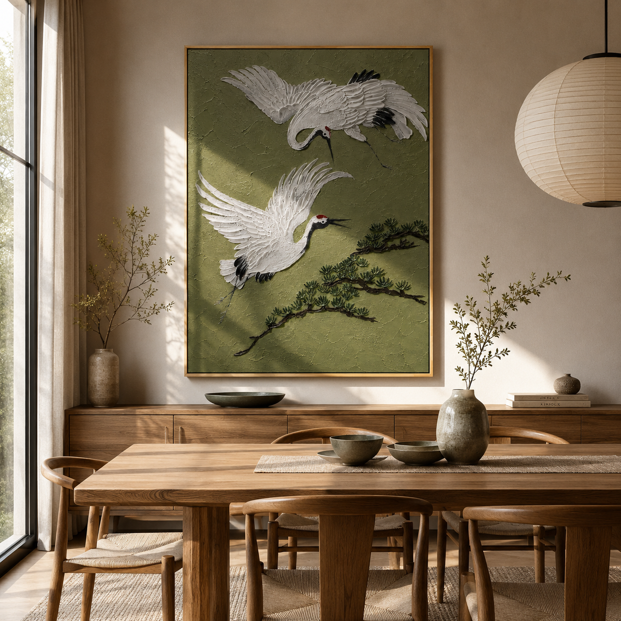 "Dual Flying Red-Crowned Cranes with Pine" – Modern Heavy Impasto Oriental Figurative Relief | 3D Muted Moss Green & Ivory White Palette Knife Painting | Luxury Vertical Wall Art #AN 151