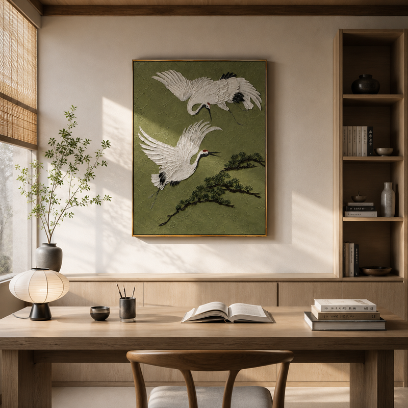 "Dual Flying Red-Crowned Cranes with Pine" – Modern Heavy Impasto Oriental Figurative Relief | 3D Muted Moss Natural & Ivory White Palette Knife Painting | Luxury Vertical Wall Art #AN 151