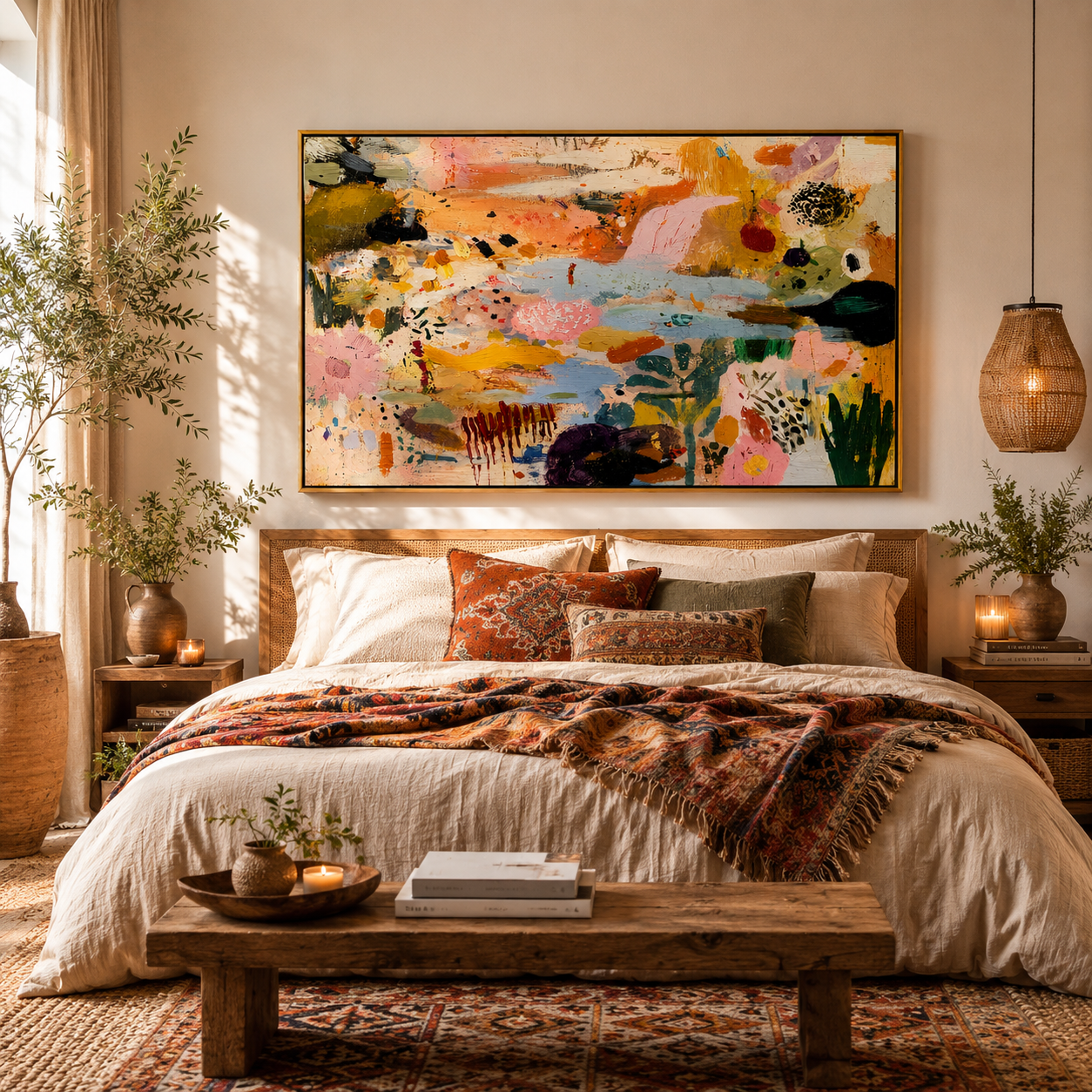"Bohemian Garden Rhythms" – Modern Heavy Impasto Abstract Botanical | 3D Terracotta, Blush Pink & Sage Palette Knife Painting | Luxury Horizontal Wall Art #PT 907