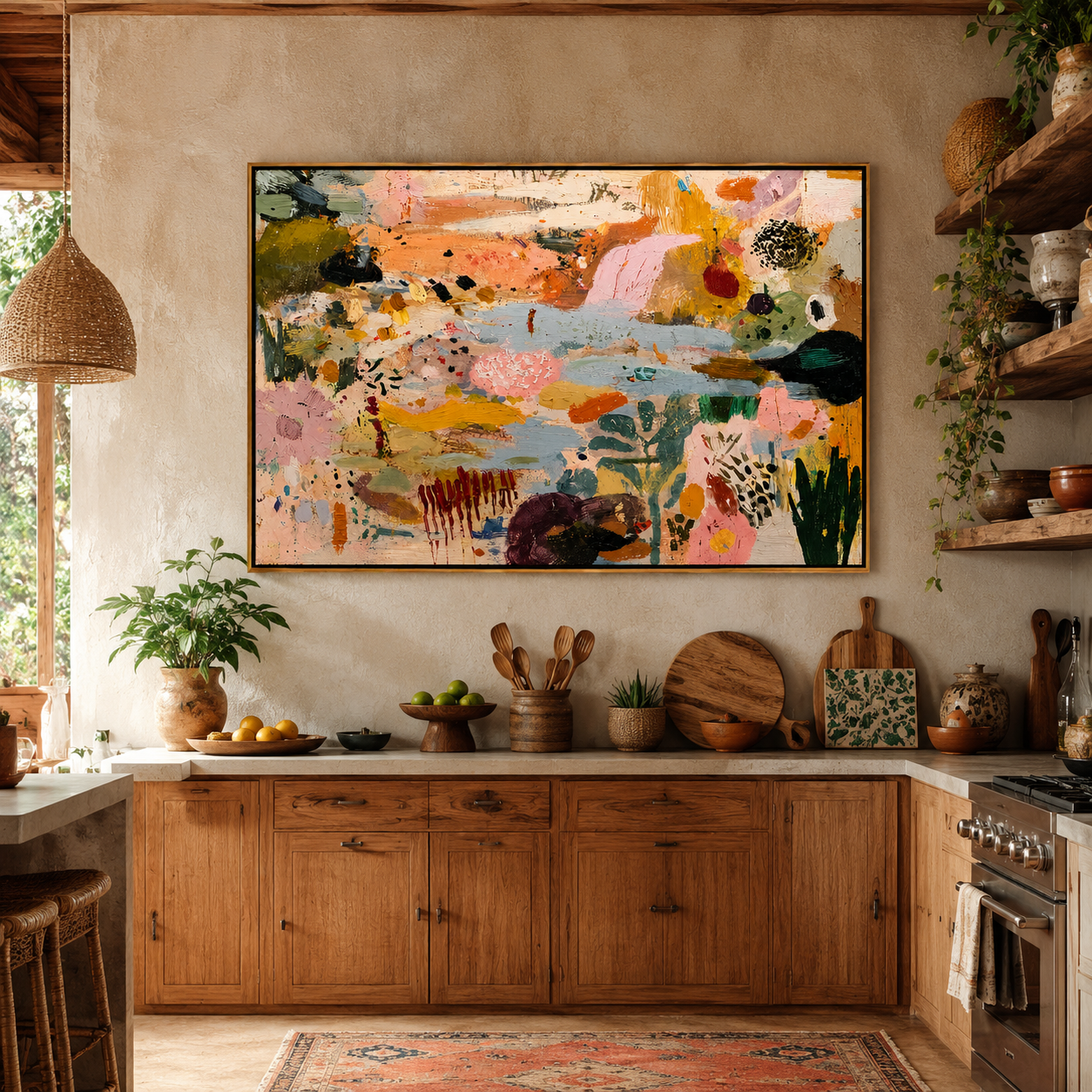 "Bohemian Garden Rhythms" – Modern Heavy Impasto Abstract Botanical | 3D Terracotta, Blush Pink & Sage Palette Knife Painting | Luxury Horizontal Wall Art #PT 907