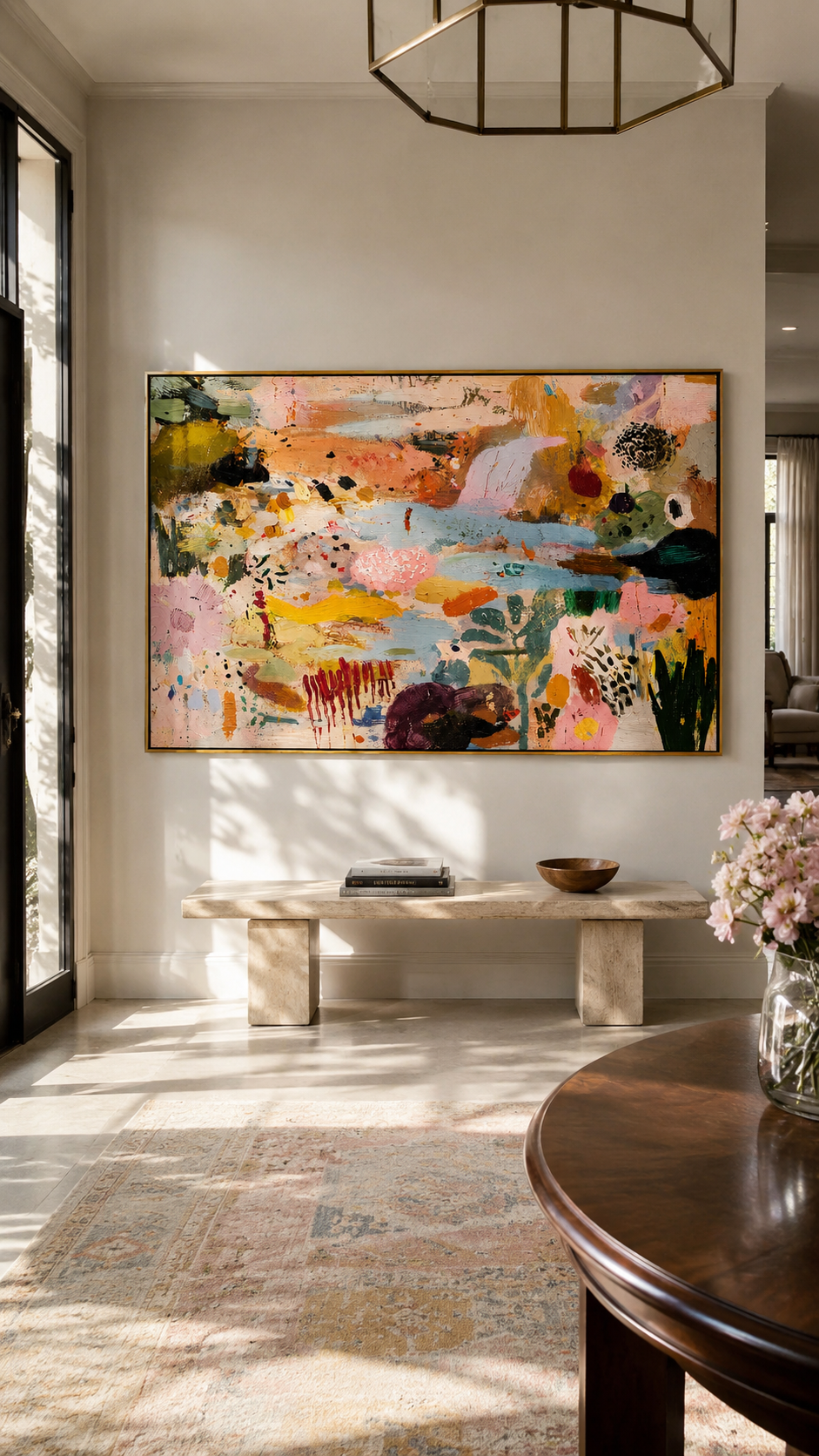 "Bohemian Garden Rhythms" – Modern Heavy Impasto Abstract Botanical | 3D Terracotta, Blush Pink & Sage Palette Knife Painting | Luxury Horizontal Wall Art #PT 907
