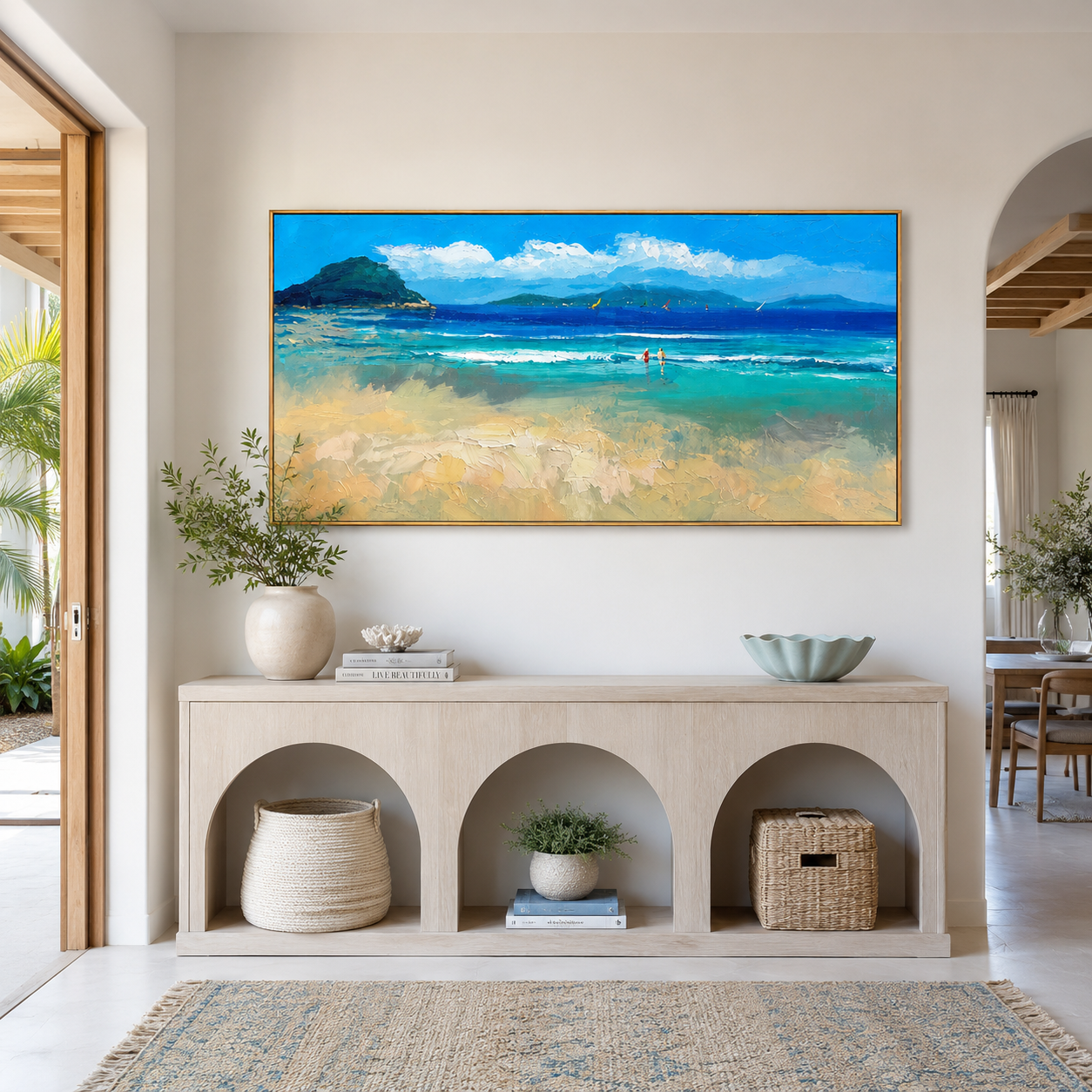 "Sunny Tropical Bay Shoreline" - Modern Heavy Impasto Impressionist Seascape | 3D Turquoise Lagoon & Warm Sand Palette Knife Painting | Luxury Horizontal Wall Art #PT 579
