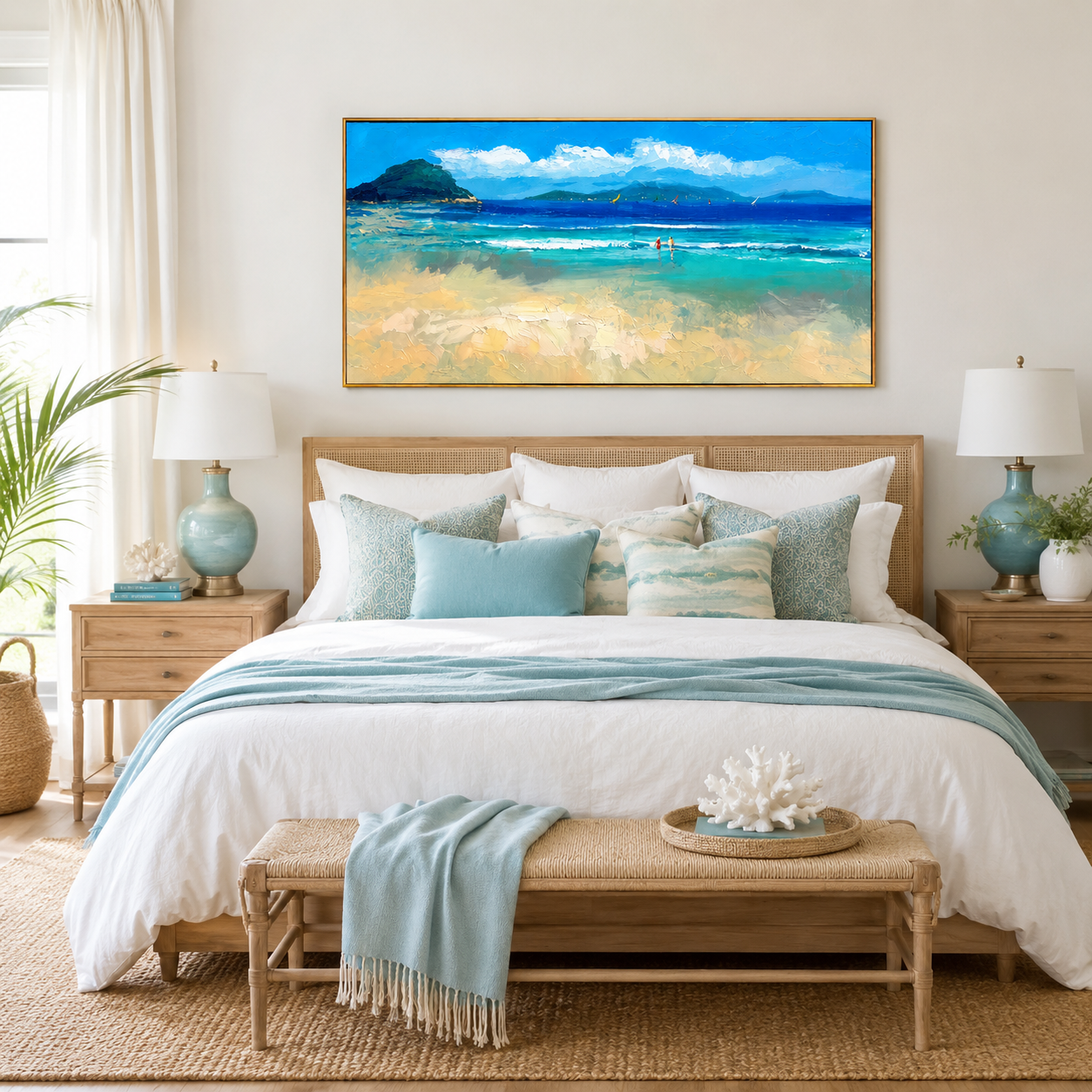 "Sunny Tropical Bay Shoreline" - Modern Heavy Impasto Impressionist Seascape | 3D Turquoise Lagoon & Warm Sand Palette Knife Painting | Luxury Horizontal Wall Art #PT 579
