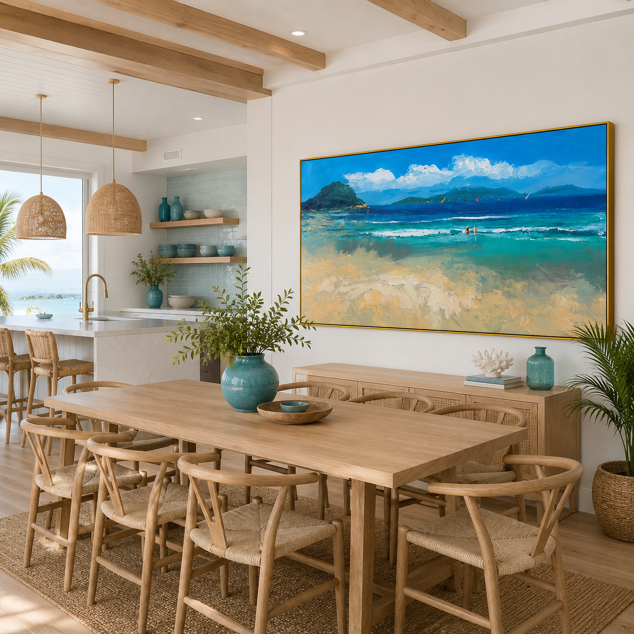 "Sunny Tropical Bay Shoreline" - Modern Heavy Impasto Impressionist Seascape | 3D Turquoise Lagoon & Warm Sand Palette Knife Painting | Luxury Horizontal Wall Art #PT 579