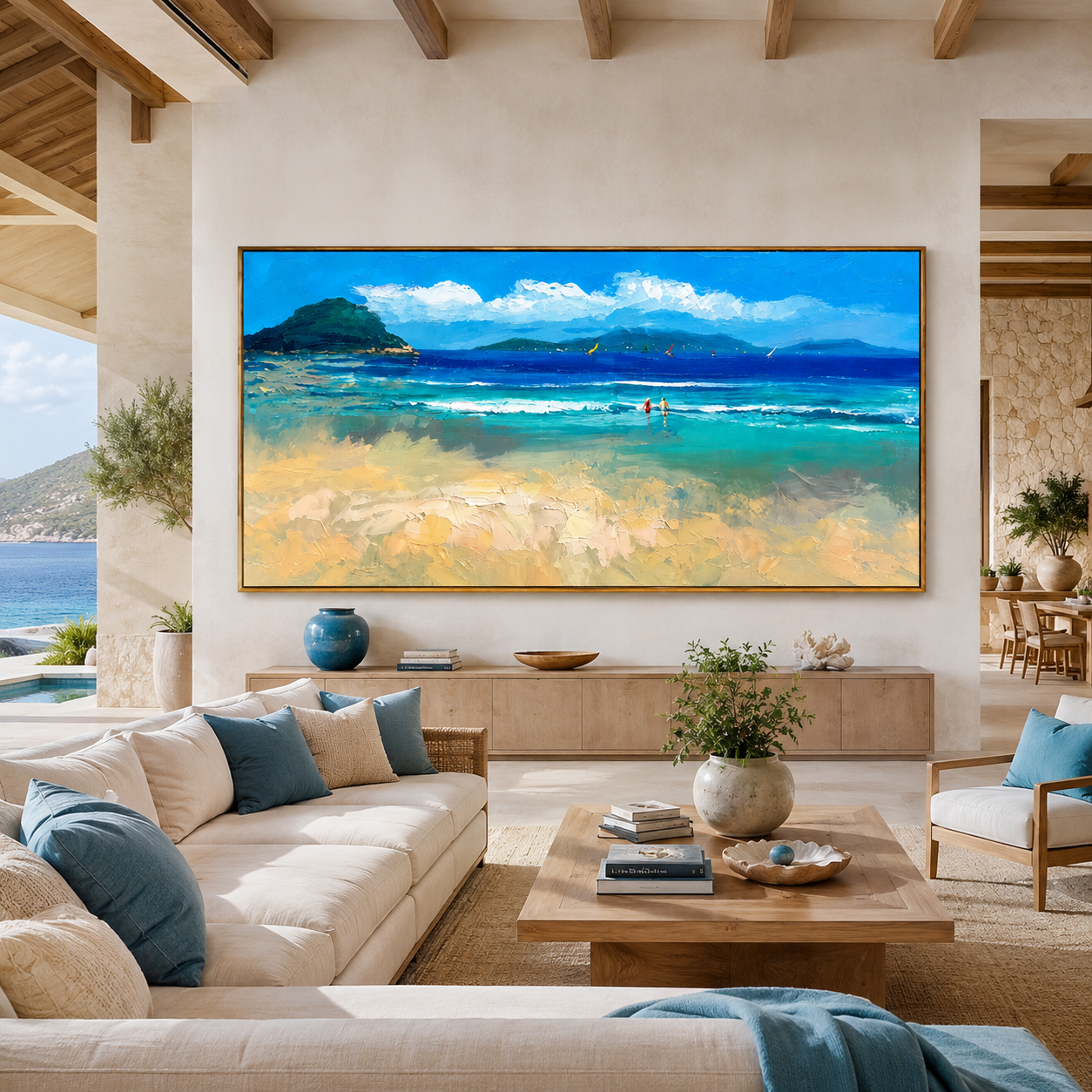 "Sunny Tropical Bay Shoreline" - Modern Heavy Impasto Impressionist Seascape | 3D Turquoise Lagoon & Warm Sand Palette Knife Painting | Luxury Horizontal Wall Art #PT 579