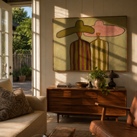 "Dual Sombrero Companions" – Modern Heavy Impasto Minimal Western Figurative | 3D Muted Olive & Dusty Blush Palette Knife Painting | Luxury Horizontal Wall Art #PE 527