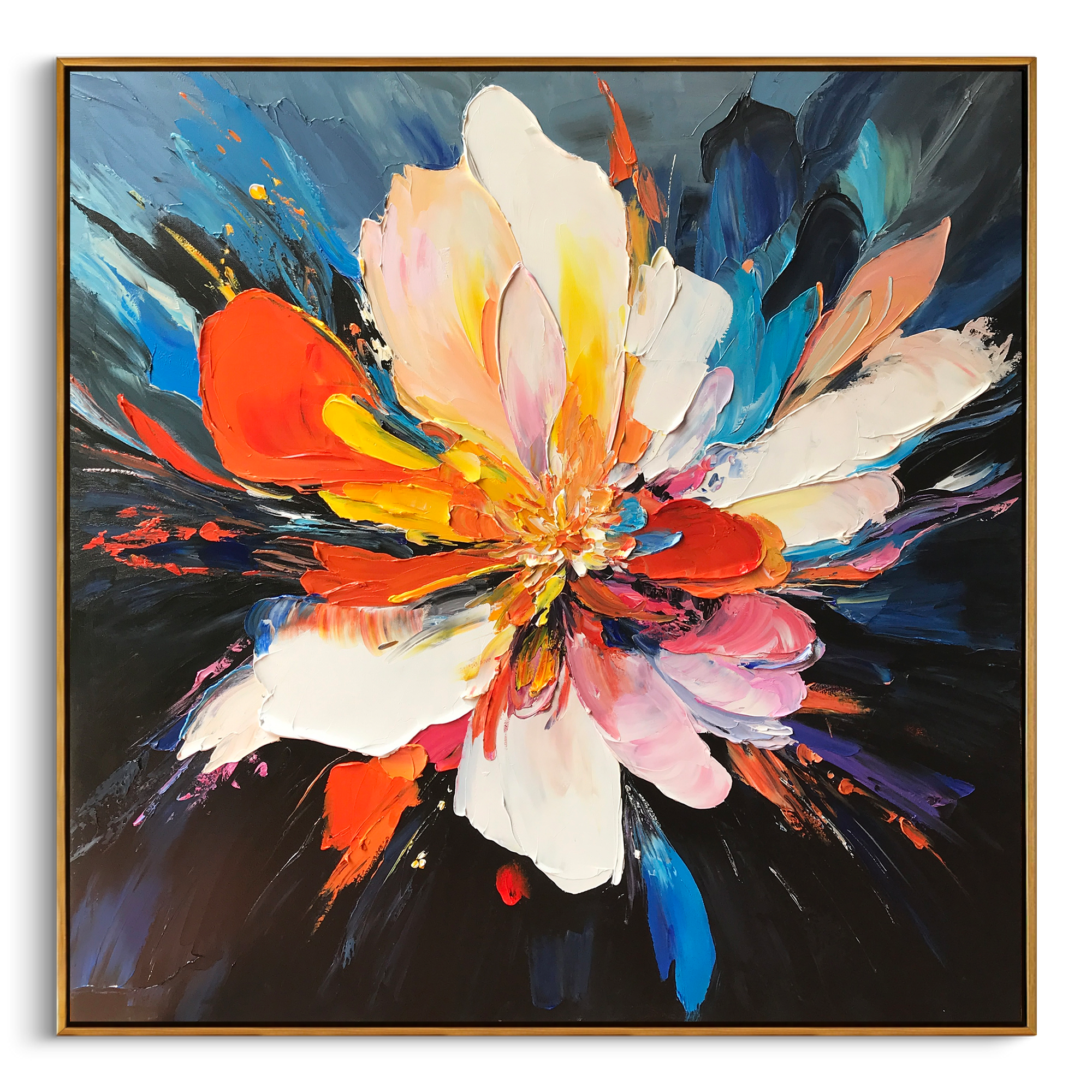 "Supernova Bloom" – Radiant Heavy Impasto Abstract Floral Oil Painting | Bold Dynamic 3D Texture Wall Art #FL292