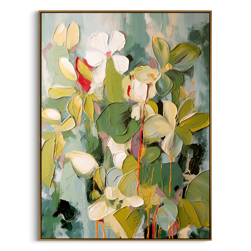 "Creamy Petals" – Sage Green Impasto Floral Oil Painting | Modern Minimalist Textured Bedroom Wall Art#FL312