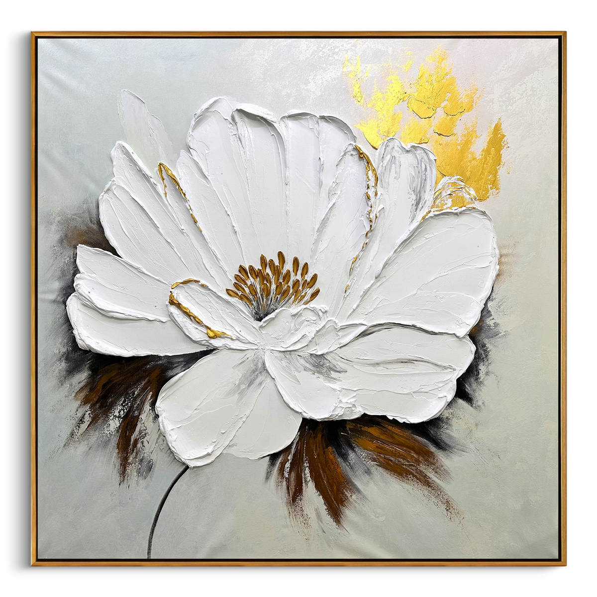 "Midnight Garden Veil" - Textured Floral Art | 3D Black & Gold Impasto Canvas Painting | Luxury Square Wall Art #FL 327