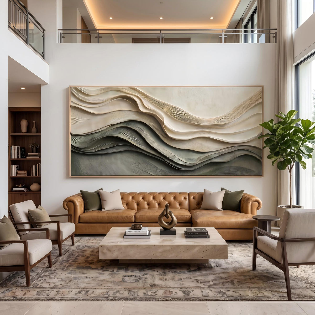 "Layered Wave Abstract" - Modern Heavy Impasto Ocean Wave Seascape | Beige Palette Knife Painting | Luxury Horizontal Wall Art #PT 2600