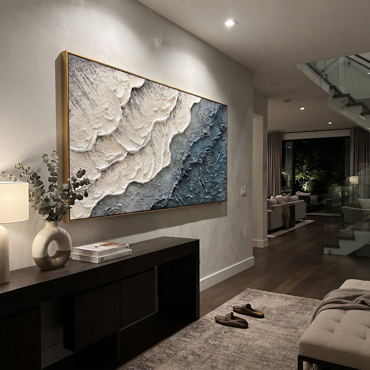 "Azure Modern Construct" is a 100% hand-painted geometric abstract created with professional oil and acrylic paints on high-quality canvas. Its blue & white palette and visible textured strokes give every piece authentic handmade variation and tactile depth.