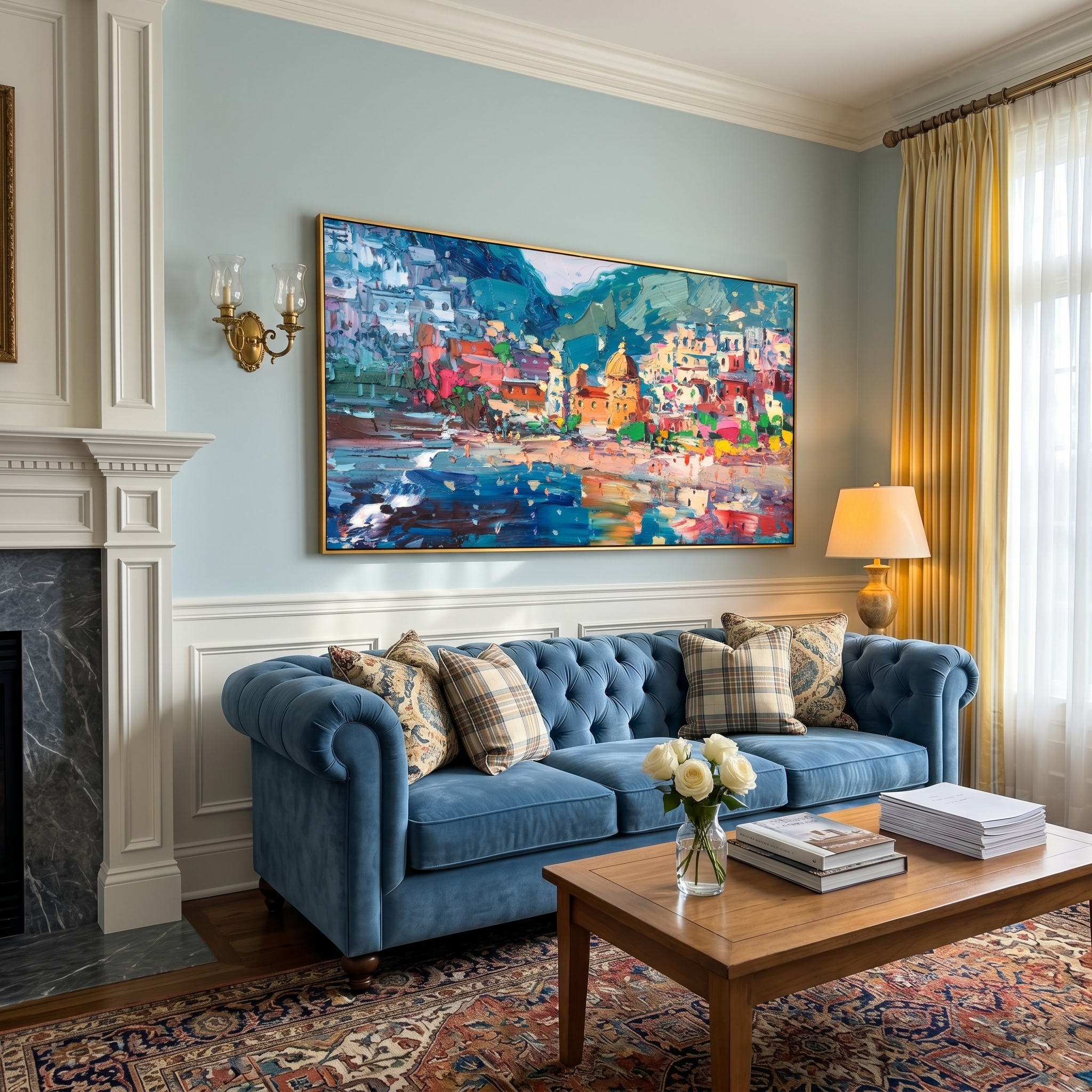 "Pastel Positano Beach Harbor" - Modern Heavy Impasto Mediterranean Landscape | 3D Turquoise Sea & Multicolored Village Palette Knife Painting | Luxury Horizontal Wall Art #PT 582