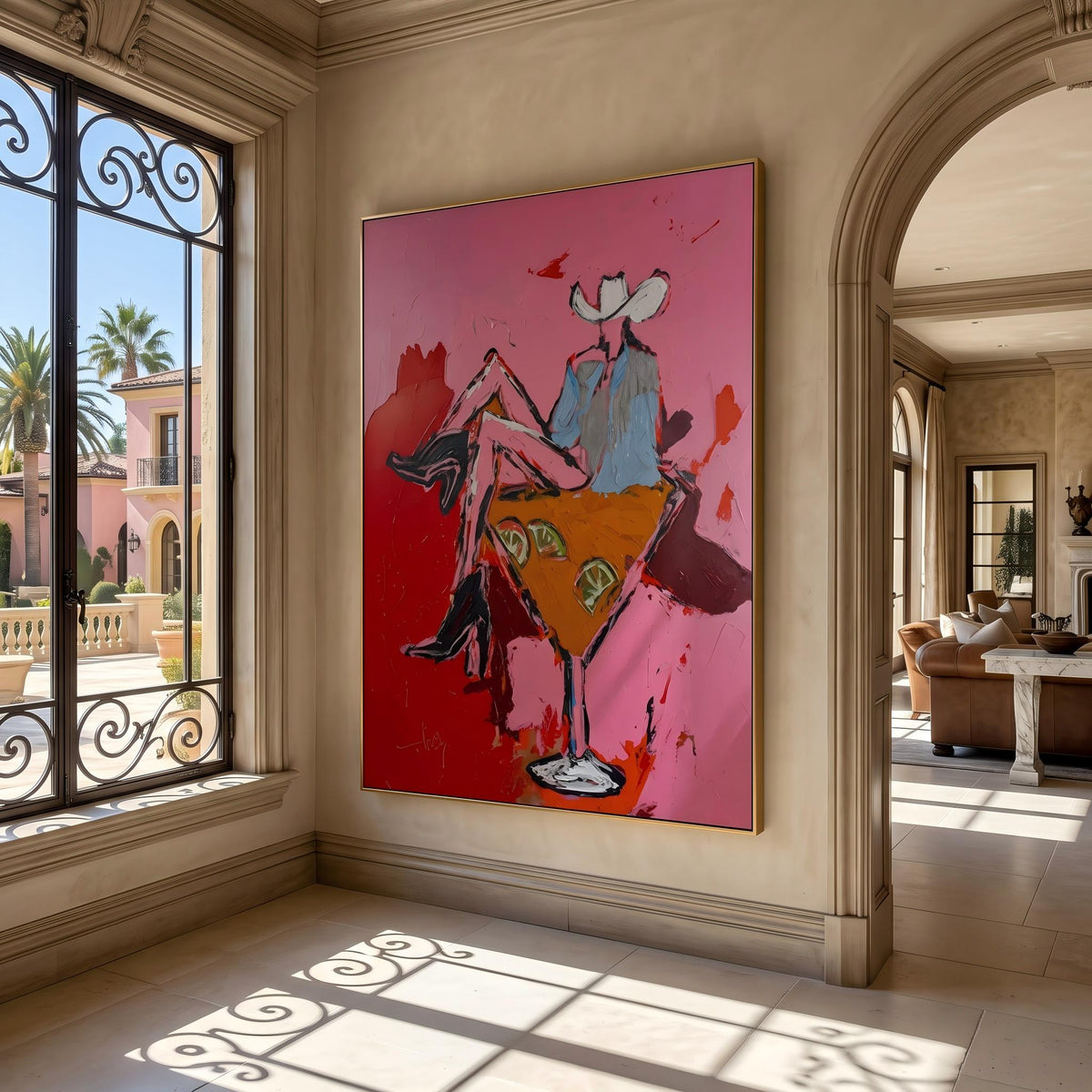 "Pink Cowgirl Cocktail" - Modern Heavy Impasto Western Animal Artwork | Pink Palette Knife Painting | Luxury Vertical Wall Art #PT 2651