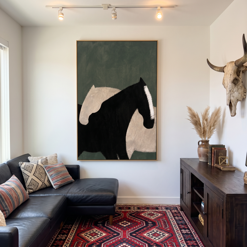 "Shadow Horse" - Minimalist Black Horse Portrait | Textured Modern Equestrian Oil Painting | Luxury Vertical Wall Art #PT 587