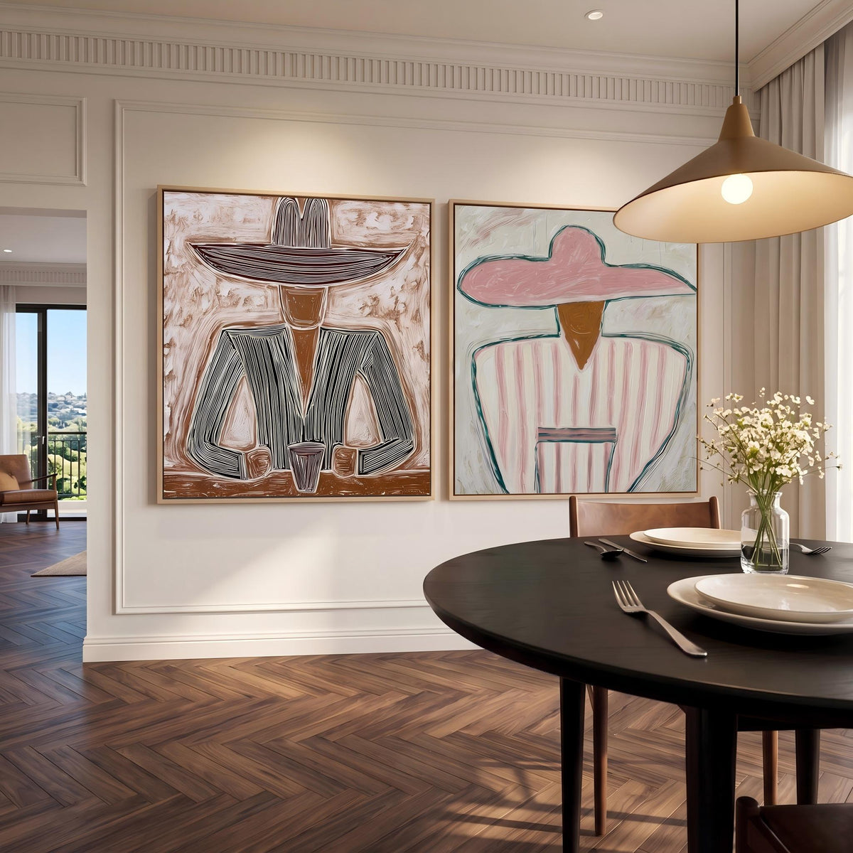 "Double Wide Striped Hat Western Cowboy and Girl" - Modern Heavy Impasto Western Animal Artwork | Golden Palette Knife Painting | Luxury Two-Panel Square Wall Art #PT 2635