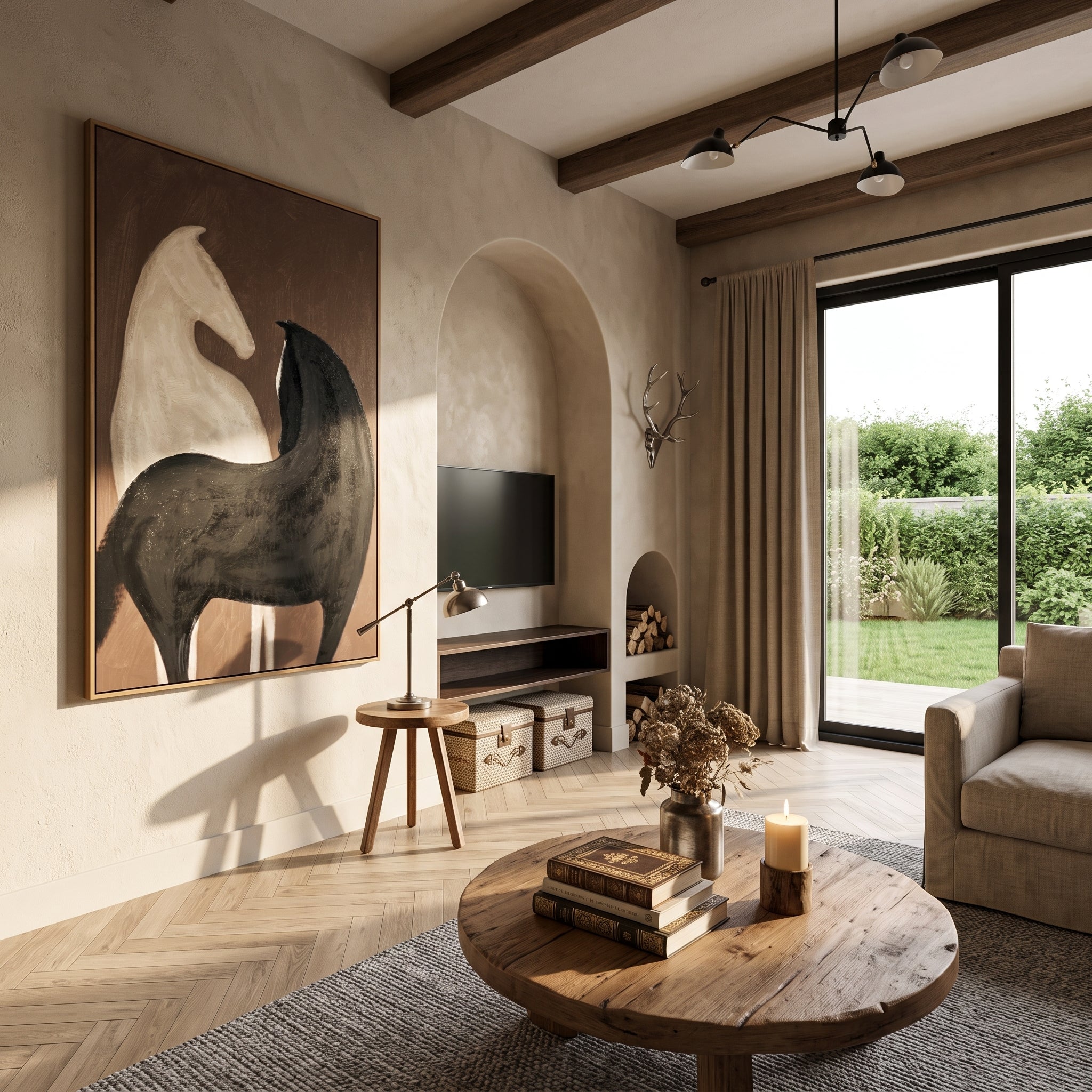 "Dual Yin-Yang Horses Embrace" – Modern Heavy Impasto Minimal Equine Figurative | 3D Cocoa Brown & Cream Ivory Palette Knife Painting | Luxury Vertical Wall Art #AB 527