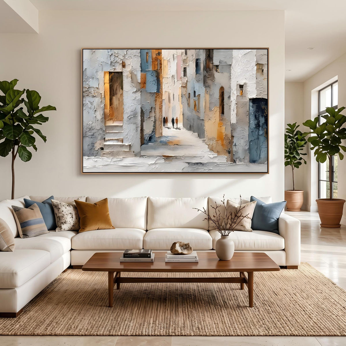 "European Old Town Street" - Modern Heavy Impasto Abstract Artwork | Beige & Grey Palette Knife Painting | Luxury Horizontal Wall Art #PT 2628