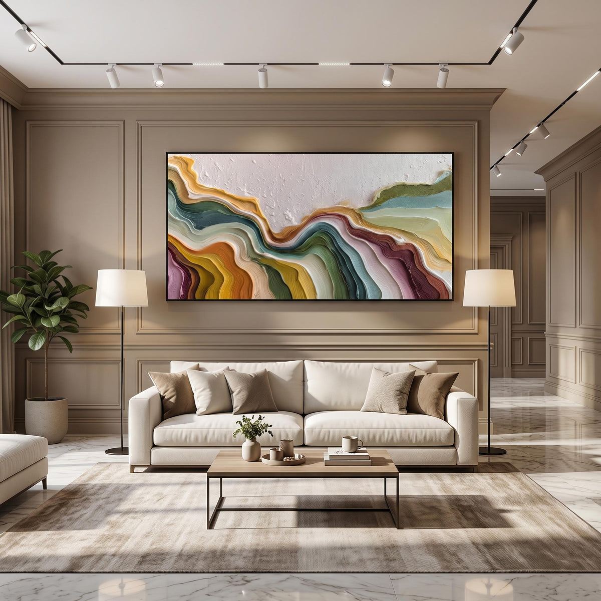 "Color Flowing Layer" - Modern Heavy Impasto Abstract Artwork | Beige Palette Knife Painting | Luxury Horizontal Wall Art #PT 2618