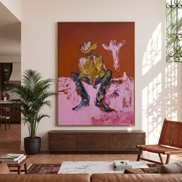 "Squatting faceless cowboy" - Modern Heavy Impasto Western Animal Artwork | Pink Palette Knife Painting | Luxury Vertical Wall Art #PT 2645