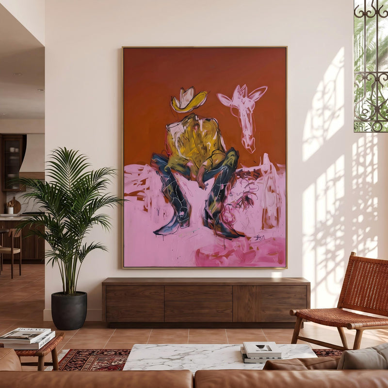 "Squatting faceless cowboy" - Modern Heavy Impasto Western Animal Artwork | Pink Palette Knife Painting | Luxury Vertical Wall Art #PT 2645
