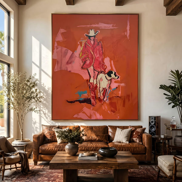 "Cowgirl and Dog" - Modern Heavy Impasto Dog Portrait Artwork | Pink Palette Knife Painting | Luxury Vertical Wall Art #PT 2650