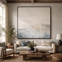 "Square Hazy Abstract Seascape" - Modern Heavy Impasto Coastal Landscape | Beige Palette Knife Painting | Luxury Square Wall Art #PT 2607
